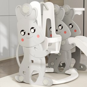 AIYAPLAY 4-w-1 Zestaw do zabawy dla małych dzieci: Zjeżdżalnia, Huśtawka, Zestaw do wspinaczki, Kosz do koszykówki, Plastik, Design z Królikiem, Szary