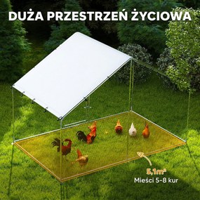PawHut Wybieg dla 5-8 Kur, Plandeka Dachowa, Zamykane Drzwi, Stelaż Stalowy, 5,1 m², 3 x 1,7 x 1,9 m