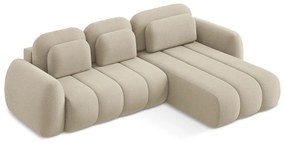 Jasnobrązowy rozkładany narożnik z materiału bouclé ze schowkiem (prawostronny/z szezlongiem) Pele – Makamii