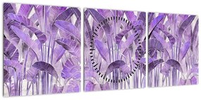 Obraz - Fioletowe liście w gipsie (z zegarem) (90x30 cm)