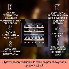 Klarstein Vinsider 60cm 36 Butelek Winiarka do Zabudowy 2 Strefy Czarny