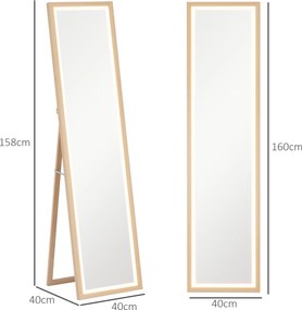 HOMCOM Lustro całego ciała LED, 40 x 160 cm, sterowanie dotykowe, regulacja jasności, 3 kolory, Dąb