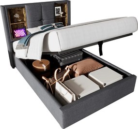 Łóżko z tapicerowanym stelażem 90x200 cm - z ładowaniem bezprzewodowym i głową do przechowywania - materiał bawełniany - Szary