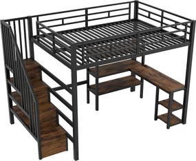 Łóżko piętrowe metalowe - 140 x 200 cm - z drabinką + biurko + port USB + diody LED - czarne