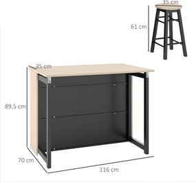 HOMCOM 3-cz. Zestaw Barowy, Bartisch ze Składanym Blatem, 2 Stołki Barowe, 6 Schowków, Czarny+Dąb, 116 x 70 x 89,5 cm