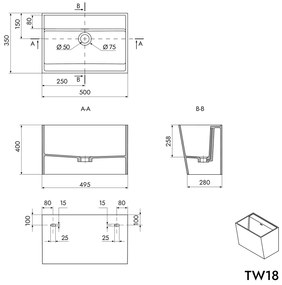 Umywalka ścienna TW18 z odlewu mineralnegoBiały mat - 50 x 35 x 40 cm