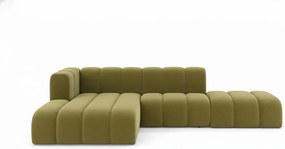 Narożnik w kształcie L z pufą Grand Mini, tkanina Salvador, Oliwkowy, Lewy