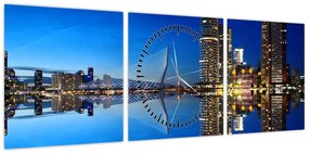 Zdjęcie - Rotterdam nocą (z zegarem) (90x30 cm)