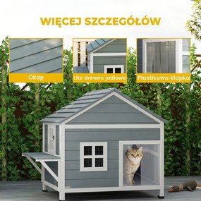 PawHut Domek dla kotów z drewna 2-poziomowa kryjówka z wodoodpornym, otwieranym dachem, boczną platformą, 101x72,5x81cm, Szary | Aosom PL