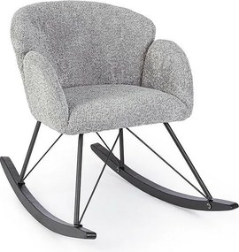 Jasnoszary fotel z tkaniny z efektem bouclé i drewna kauczukowego - SIBILLA