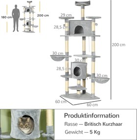 PawHut Drapak z 2 hamakami i 2 kocimi jaskiniami plus zabawki, plusz i sizal, Jasnoszary
