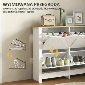 HOMCOM Wąska szafka na buty z 4 uchylnymi przegrodami, na 8–16 par butów, 105 x 26 x 80 cm, biały + naturalny | Aosom PL