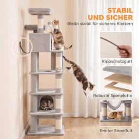 PawHut Drapak 204 cm drapak dla kota z kryjówkami i drabinką wielopoziomowy drapak dla 1–3 kotów po 6 kg jasnoszary | Aosom PL