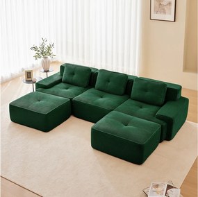 Modułowa Sofa Narożna w kształcie U w Welurze żebrowanym, z 2 pufami i 3 poduszkami, 293x177x69cm, Zielony
