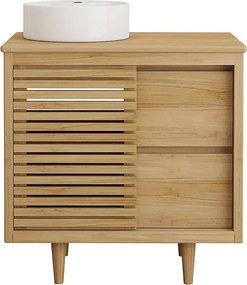 Szafka łazienkowa na nogach z drewna tekowego z okrągłą umywalką nablatową ceramiczną - S80 cm - TORAJA