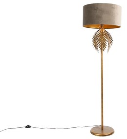 Vintage lampa podłogowa złota klosz welurowy szarobrązowy - Botanica Rustykalny / Vintage Oswietlenie wewnetrzne