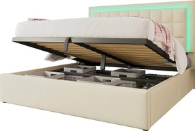 Łóżko tapicerowane dwuosobowe ze schowkiem - 180 x 200 cm - ze stelażem listwowym + oświetlenie LED + hydrauliczny schowek - PU - białe