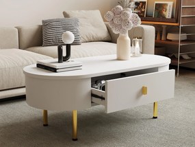 Stolik kawowy 108x50x40 cm - z 2 szufladami - złote uchwyty i nogi - biały