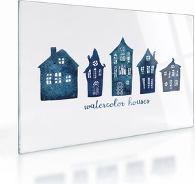 Obraz na szkle - Niebieskie domy akwarelowe (70x50 cm)