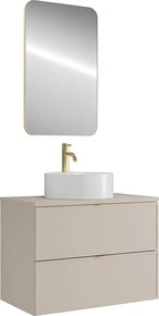 Wisząca szafka łazienkowa z okrągłą umywalką nablatową, baterią i lustrem – Beżowa – 80 cm – ONDIL