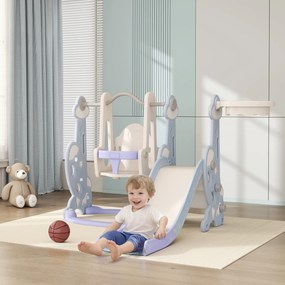 AIYAPLAY 4 w 1 Kryty plac zabaw, zestaw zjeżdżalni i huśtawki dla małych dzieci, kosz do koszykówki, design rakietowy, plastik, Jasnoniebieski