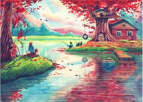 Obraz na szkle - Akwarela, Bay in a mountain village (70x50 cm)