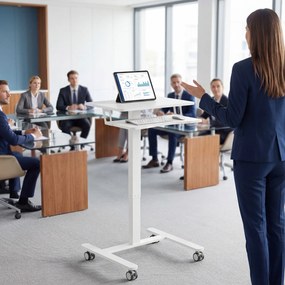 HOMCOM Stojące Biurko Regulowane, Mobilne Biurko Sit-Stand z Półką na Klawiaturę, Kółkami i Stalową Ramą, Biały | Aosom PL