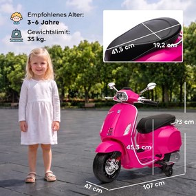 AIYAPLAY Elektryczny motocykl dziecięcy, Vespa, 3 km/h, 3-6 lat, muzyka, światło &amp; radio, różowy | Aosom PL