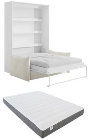 Łóżko chowane w szafie 140 x 200 cm - Otwieranie pionowe manualne - Z oświetleniem LED - Białe + Materac + Kanapa - RAPILI