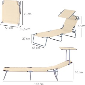 Outsunny Składany leżak ogrodowy z daszkiem przeciwsłonecznym na plażę beżowy | Aosom PL