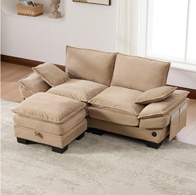 Zestaw wypoczynkowy z tkaniny sztruksowej, 2-osobowy - 190 x 132 x 84 cm - z 1 pufem ze schowkiem + portem USB + kieszeniami - khaki