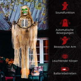 HOMCOM Dekoracja Halloween, Wiszący Szkielet, Świecąca Głowa, Przerażające Wycie, Giętkie Ramiona, Khaki