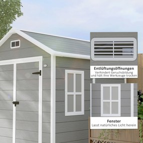 Outsunny Szopa ogrodowa, Schowek na narzędzia z podłogą, zamknięte drzwi, otwory wentylacyjne, okno, wygląd drewna, Tworzywo sztuczne, Szary