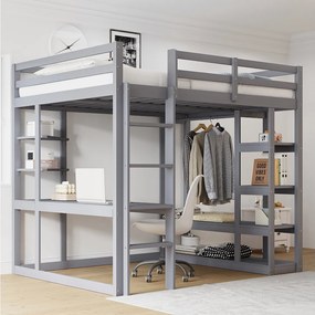 Łóżko piętrowe dla dzieci - 140 x 200 cm - z drabinką + stolik + półki + wieszaki - drewno + płyta MDF - szare