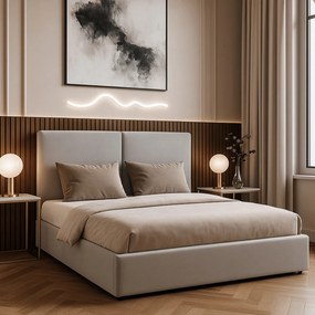 Łóżko Tapicerowane 140x200 cm MARSYLIA ze Stelażem i Pojemnikiem Dwuosobowe Welurowe Szare