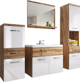Nowoczesne meble łazienkowe, wiszący zestaw z umywalką, lustrem i słupkami, korpus dąb wotan mat / fronty biały połysk
