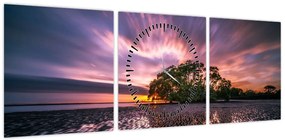Obraz plaży o zachodzie słońca (z zegarem) (90x30 cm)