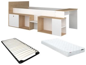 Łóżko piętrowe 90 x 200 cm z biurkiem i schowkami - Biała i naturalna + Stelaż + Materac - PALOMA