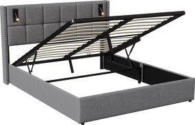 Łóżko z pojemnikiem 160x200 cm z podstawą, Łóżko tapicerowane z portem USB i Type-C, LED, Aksamit, Szare