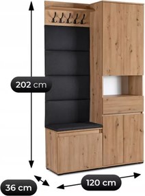 Szafka na buty z siedziskiem + wieszak + słupek Suspended 120 cm grafit/dąb artisan