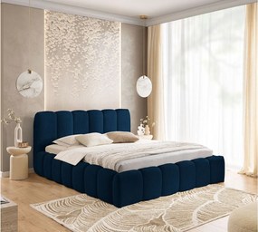 FURNISTAR Łóżko tapicerowane MIA z pojemnikiem 16x200|Bubble|Dwuosobowe|Stelaż listwowy|Wygląd łóżka boxspring|bez materaca-Ciemnoniebieski