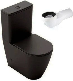 Miska WC stojąca okrągła | Czarny Mat | WC kompaktowe z dolnopłukiem i cienką deską, kolano w zestawie