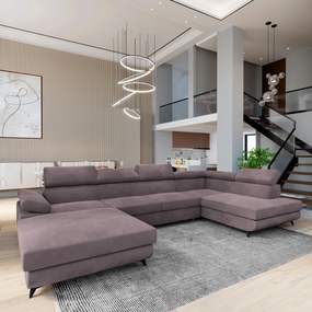 Masseno Narożnik RUBANO z funkcją spania i pojemnikiem na pościel Narozniki U, Rozkładana sofa - Wrzosowy, MONOLITH 62