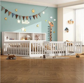 Łóżko 140 x 200 cm z barierkami i szafkami - Drewno sosnowe + MDF - Stelaż listwowy - Białe (bez materaca)