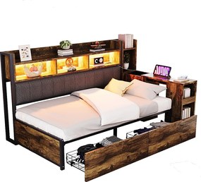 Sofa rozkładana 90x200 cm - z oświetleniem LED i gniazdkami - z 2 szufladami - z wysuwanym biurkiem - z komorami przechowawczymi - kolor naturalny