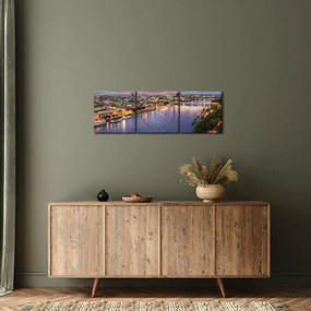 Obraz nocnego miasta Bratysławy z rzeką (z zegarem) (90x30 cm)