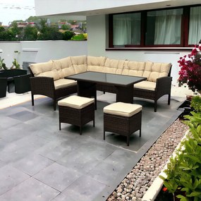 Duży zestaw mebli ogrodowych z narożnikiem Cuba 079 brąz, poduszki beżowe