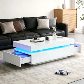 Nowoczesny stolik kawowy lakierowany na wysoki połysk - 100 x 50 x 35 cm - z 2 szufladami + diody LED - płyta wiórowa - biały