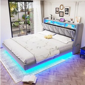 Łóżko tapicerowane dwuosobowe - 180 x 200 cm - składany tapicerowany zagłówek ze schowkiem + diody LED - płyta MDF - jasnoszary