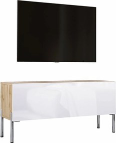 Szafka RTV Wotan Dąb / Biały Błyszczący, Nogi Chrom, 100 x 52 x 32 cm